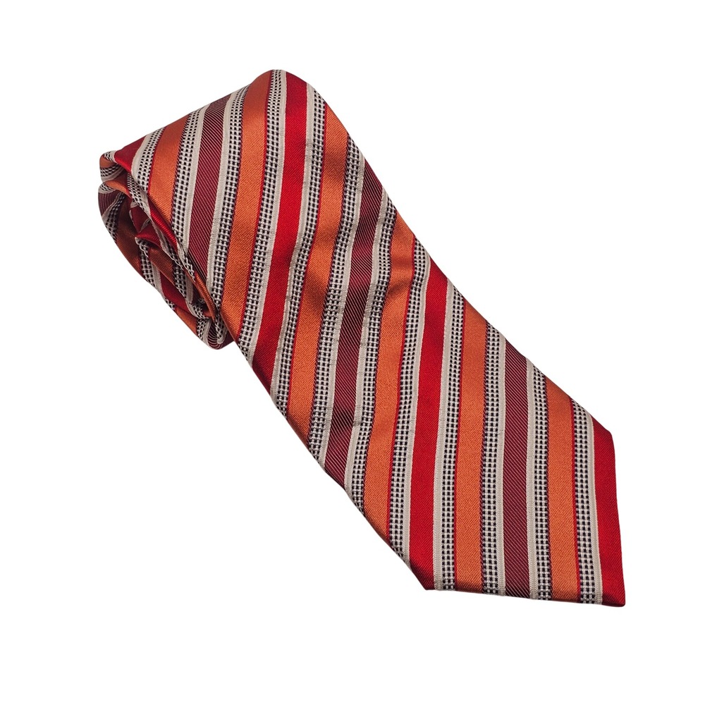 Canali Silk Tie Red Orange White Striped Made in Italy Luxury Designer Preppy